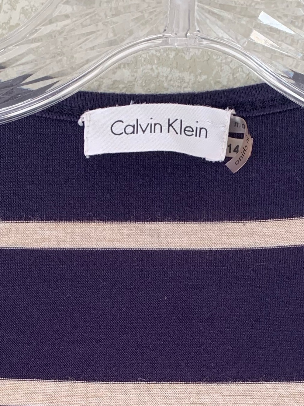 Calvin Klein Navy Tan Striped Wrap Dress 3/4 Sleeve Size 14 - Picture 2 of 8